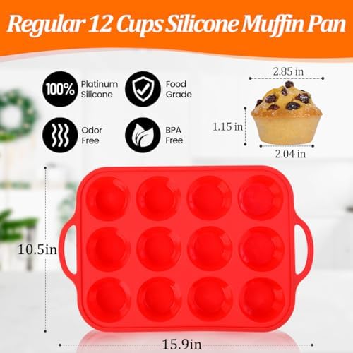 CAKETIME Silicone Muffin Pan with Metal Reinforced Frame Regular Size Muffin Pan with Handle Easy to Move 12 Cups for Baking Nonstick Muffin Tin BPA Free 1 Pack Red