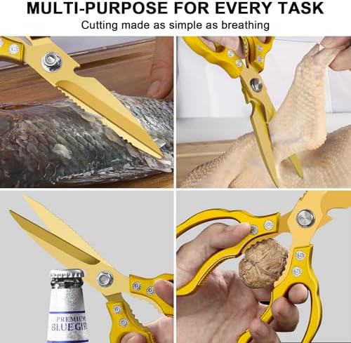 CGBE Kitchen Scissors, Multi-Purpose Kitchen Shears, Heavy Duty Dishwasher Safe Food Scissors for Chicken, Poultry, Fish, Meat & Herbs with Non-Slip Grips - ALL Gold