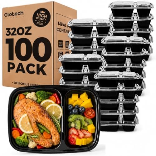 Glotoch 100 Pack(200-Piece)32oz 2-Compartment Meal Prep Containers with Lid