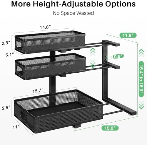 Kitstorack Under Sink Organizer, 1-Pack 3-Tier Height Adjustable Thickened Metal Pull out Cabinet Organizer Shelf, Slide out Storage Drawer Rack for Bathroom Kitchen Pantry Home Laundry Organization