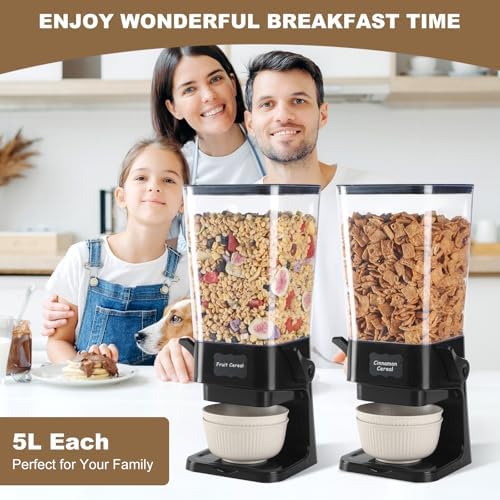 Cereal Dispenser Countertop with Cereal Bowls,16 Labels & Pen, Cereal Containers Storage, Candy Dispenser, Dry Food Dispenser For Pantry - Not Easy to Crush Food (Black, 2 Pack)