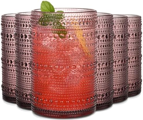 Purple Hobnail Drinking Glasses Set of 6,15 oz Vintage Highball Glasses,Drinkware Kitchen Glasses for Cocktail,Iced Coffee,Beer,Ice Tea,Wine,Whiskey,Water