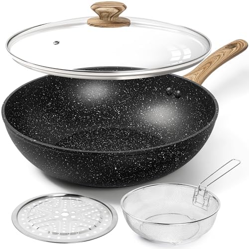 MICHELANGELO 12 Inch Wok Set - Woks & Stir-Fry Pans Nonstick Wok Pan with Lid, Induction Wok with Ergonomic Handle, Stainless Steel Steamer, Fryer Basket, Black