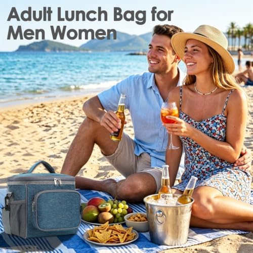 FlowFly Insulated Reusable Lunch Bag Adult Large Lunch Box for Women and Men with Adjustable Shoulder Strap,Front Zipper Pocket and Dual Large Mesh Side Pockets,Royal