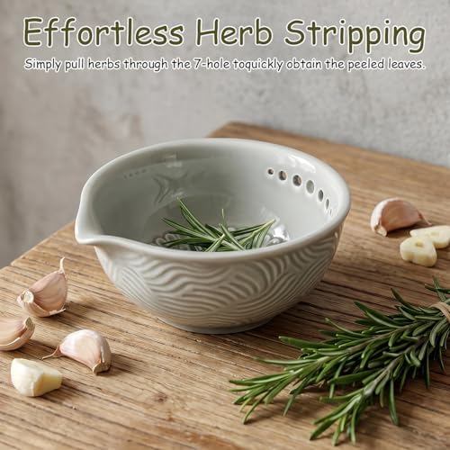 Grater Plate, 3 in 1 Handmade Tool Ceramic Bowl with Herb Stripper (Gray)