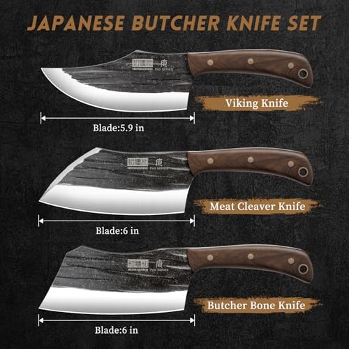 HOSHANHO Butcher Knife Set, 3PCS Knife Set of Bone & Cleaver & Viking Knife