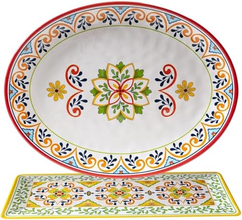 Melamine Serving Platter, Set of 2,Talavera Melamine Large Serving Tray,19''x8'' Rectangular and 18''x14'' Oval Platter Set. Multi-Color