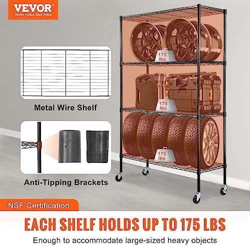 VEVOR Storage Shelving Unit, 4-Tier Adjustable Storage Shelves, 48" L x 18" W x 74" H Garage Storage Shelves, Metal Shelves with Wheels for Kitchen Pantry Basement Bathroom Laundry