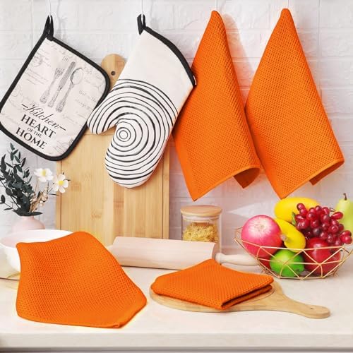 Homaxy 100% Cotton Waffle Weave Kitchen Dish Cloths 6-Pack, Orange