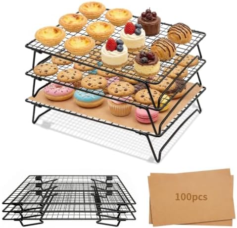 Cooling Racks For Cooking And Baking 3-Piece（13.3 x 9.3 Inch）Set Includes 120 Baking Mats Comes With A Folding rack Suitable For Cookies, Cakes, Pizza, Bread