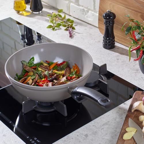 Fissler Ceratal Comfort 12 Inch Ceramic Non-Stick Wok, 5.5 Quart, Warm Grey, Made without added PFAS/PTFE, All Stovetops Including Induction, Made in Germany