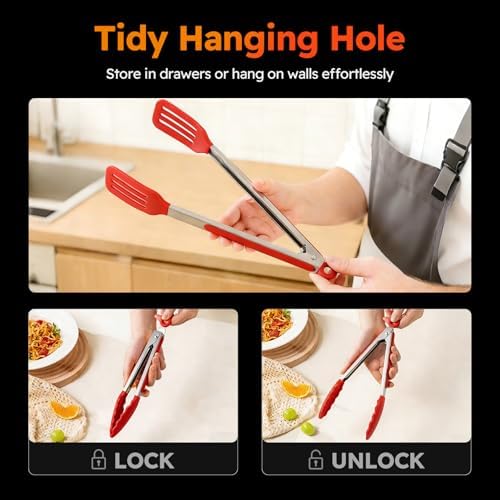 HST Non Stick Silicone Kitchen Tongs, 3 Pack 12 Inch Red BBQ Cooking Baking