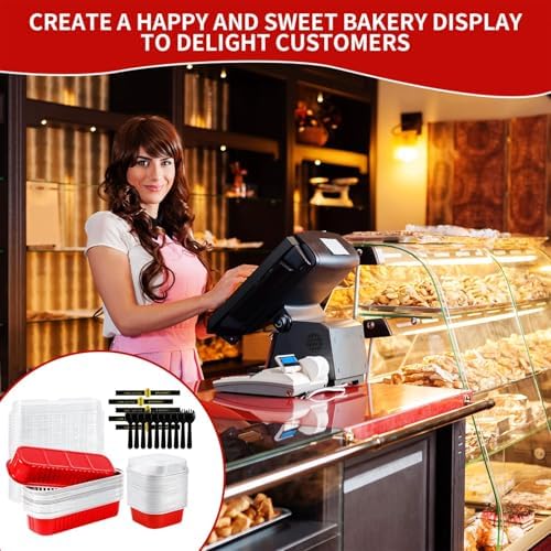 100PCS Red Mini Loaf Pan with Lids and Spoons 6.8oz Rectangular Aluminum Foil Bread Pan 10oz Square Cake Cup with Decal Disposable Baking Supply for Graduate Wedding Birthday
