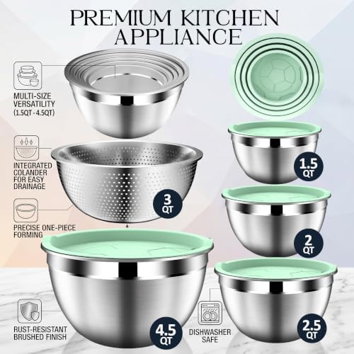 DUTZUN Mixing Bowls with Lids Set, Stainless Steel Mixing Bowl Set with Colander, Strainer with Bowls - Pistachio
