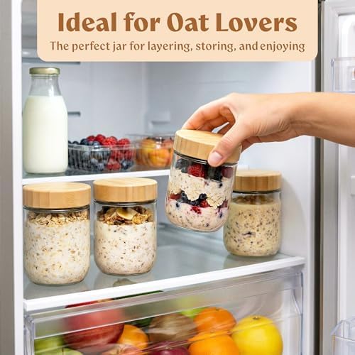 EDELHAUS Overnight Oats Containers with Lids - Glass Mason Jars, Meal Prep