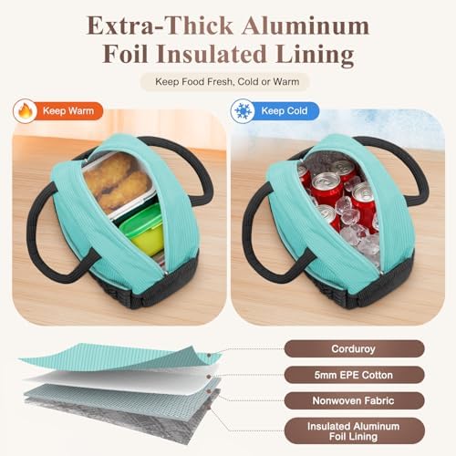 KUBYA Lunch Box for Women, Cute Grids Corduroy Insulated Lunch Bag Women Reusable Work Simple Adults Large Lunch Boxes Tote Bag Men Cooler Bag