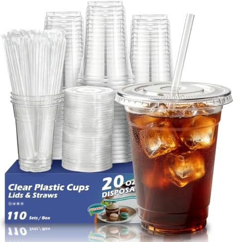 110 Pack 20 oz Disposable Clear Plastic Cups with Lids and Straws