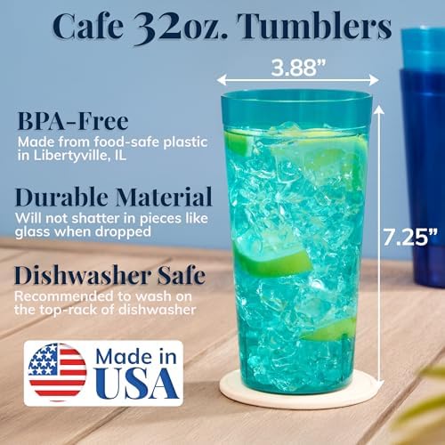 US Acrylic Café Plastic Reusable Tumblers (Set of 12) 32-ounce Iced-Tea Cups, Coastal | Value Set of Restaurant Style Drinking Glasses, Stackable, BPA-free, Made in the USA | Top-rack Dishwasher Safe