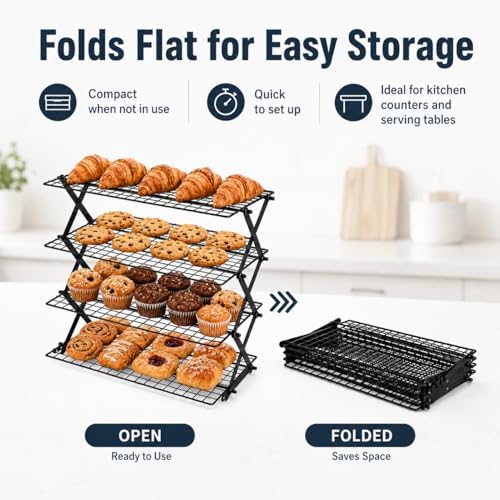 4-Tier Collapsible Cooling Rack, Cooling Rack for Baking, Cookie Rack, Outdoor Camping Food Shelf, Heavy Duty, Ideal for Cake, Bread, Cookies, Barbecue