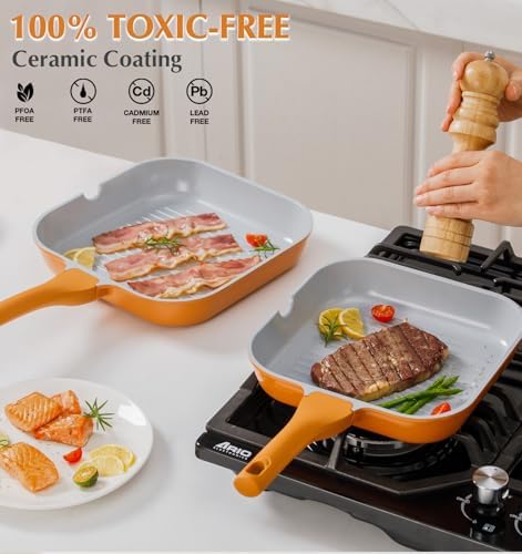 KOCH SYSTEME CS 9.5 Inch Nonstick Grill Pan for Stove Tops, Square Frying Pan with Pour Spouts, Square Pan for Indoor Cooking, Grill Skillet with Bakelite Handle, PTFE & PFOA Free, Copper