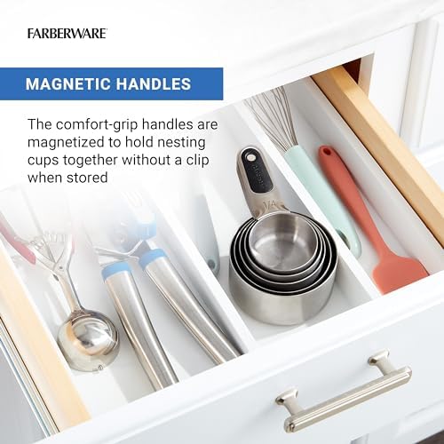 Farberware Professional Set of 5 Stainless Steel Measuring Cups, Precision and Ease in Every Scoop, Features Magnetic Handles for Easy Storage, Dishwasher Safe