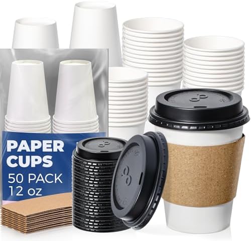 Fit Meal Prep 50 Pack 12 oz Disposable Coffee Cups with Lids, Sleeves, Leak-Proof To Go Coffee Cups with Lids, Durable Paper Cups for Hot Beverage, Home, Office, Party