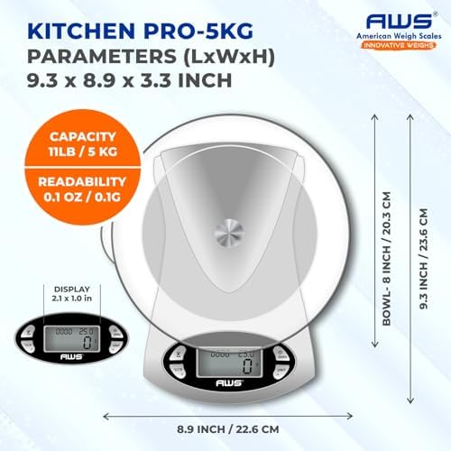 AWS Kitchen Pro 0.1g/0.001oz Precision Food Scale 5kg/11lb Digital Bowl Scale with Tempered Glass, | 2.72L Dishwasher-Safe Bowl, Tare, Timer, Clock & Room Temperature Display | Ultra Cooking Scale