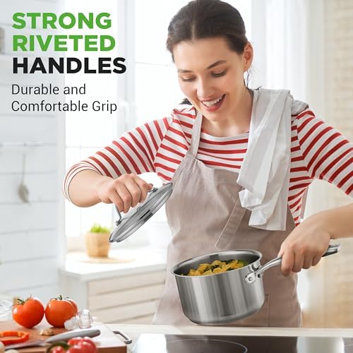 NutriChef 2 Quart Stainless Steel Saucepan with Lid - Heavy Duty Pot with Ergonomic Handles, For All Cooktops