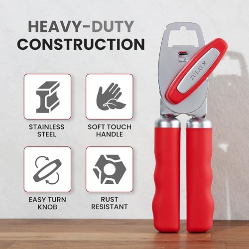Zulay Kitchen Manual Can Opener Heavy Duty Patented Stainless Steel, Ruby