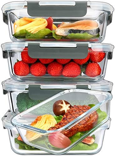 M MCIRCO 5 Pack 36 oz Glass Food Storage Containers with Lids,4.5 Cups,Gray