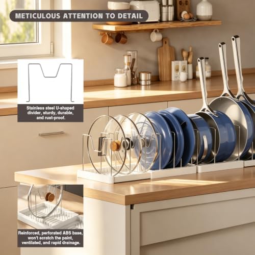 Magheo 2 Pack Expandable Food Storage Container Lid Organizers, 31.3" Pots and Pans Organizer Under Cabinet with 12 Adjustable Dividers Pot and Pan Lid Holders Rack Inside Cabinet(White)