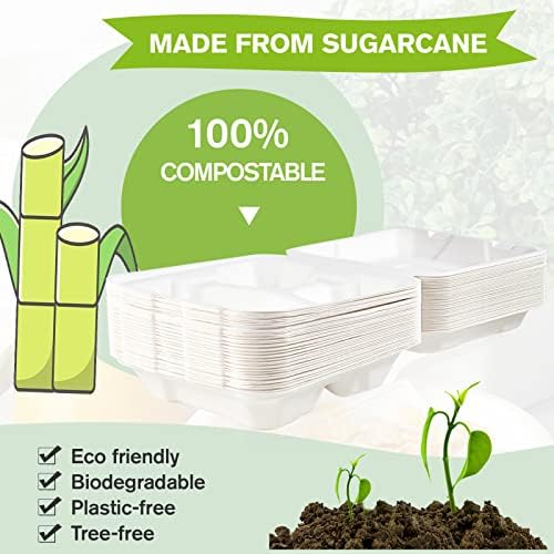 ECOLipak 50 Pack Compostable Take Out Food Containers, 8 inch,3 Compartment