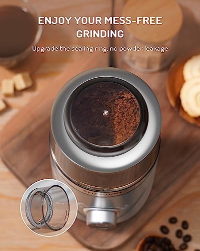 SHARDOR Electric Super Silent Blade Coffee Grinder, Timed Grind Control Rotary Knob, Adjustable Coarse to Fine for Coffee Beans, Spices & Herbs, with 1 Removable Stainless Steel Bowl, Sliver