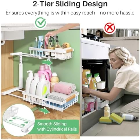 Kitstorack Under Sink Organizer, 2 Tier Under the Sink Storage, Slide out Pull out Cabinet Organizer Shelf, Metal Sliding Drawer for Kitchen Bathroom Pantry Closet Organization Rack, White, 2 Pack