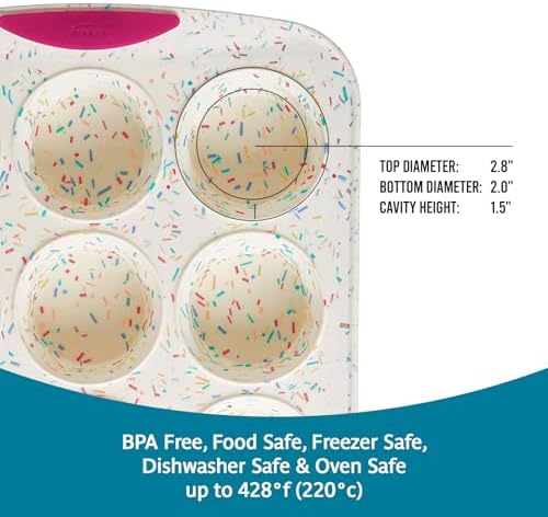 Trudeau Reinforced Structured Silicone Muffin Pan, 12-Cup, Confetti/Fuchsia – Hybrid Silicone & Hard Lining for Shape Retention, Non-Stick, Dishwasher Safe, BPA-Free Bakeware for Muffins & Cupcakes