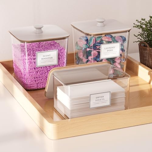 HomePekite Laundry Pods Storage Container, Clear Acrylic Laundry Room Organization and Storage ,Detergent Powder Container,with Wooden Lids & Labels, 3+1 Pack（White）