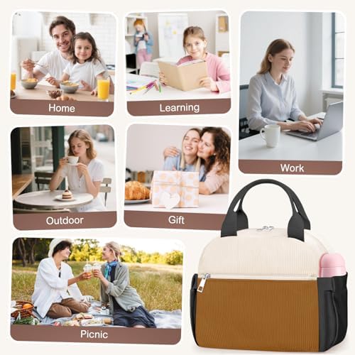 KUBYA Lunch Box for Women, Cute Grids Corduroy Insulated Lunch Bag Women Reusable Work Simple Adults Large Lunch Boxes Tote Bag Men Cooler Bag