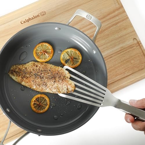 Calphalon Prime Slotted Spatula, Slotted Fish Turner, Stainless Steel Kitchen Flipping Spatula, Flexible Heavy-Gauge Heat Resistant for Seafood, Weighted Handle for Control