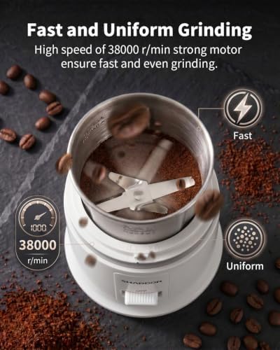 SHARDOR Quiet Coffee Grinder Electric, 70g Removable Bowl Spice Grinder for Coffee Beans, Seeds and Grains, Super Silent Grinding Mill with 60dB Low Noise, 2.5oz Capacity, White