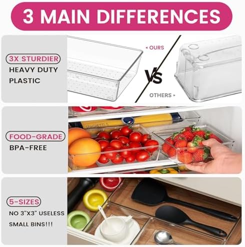 Criusia Large Drawer Organizer Bins 26 Pack | Complete 5 Size Clear Plastic Kitchen Drawer Organizers for Utensils | Bathroom Drawer Organizer Trays | Versatile for Makeup Office Organization