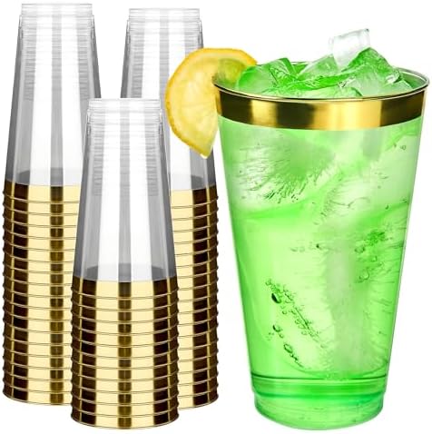 RACETOP 16 oz Disposable Plastic Cups with Gold Rim, 100 Pack