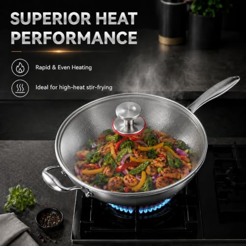 Toutrop Titanium Wok with Lid,Titanium Pan for Cooking,13 Inch Non Stick Wok Pan,No Coating Titanium Frying Pans,PFAS/PFOA/PTFE Free Cookware,Induction