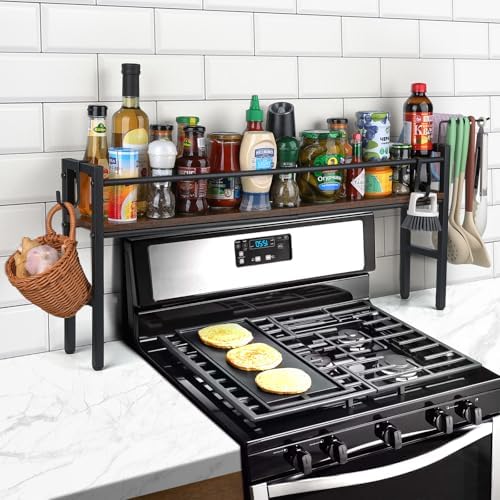 Meangood Spice Rack Shelf for Kitchen Stove, Over the Stove Shelf with 4 Hooks Extra Storage Countertop, Rustic Wood & Solid Metal Commbined Stove Shelf for Storage Seasoning, Easy to Assemble
