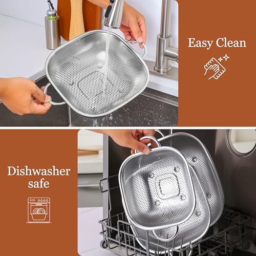 E-far 4QT Square Stainless Steel Colander, Metal Strainer with Handle