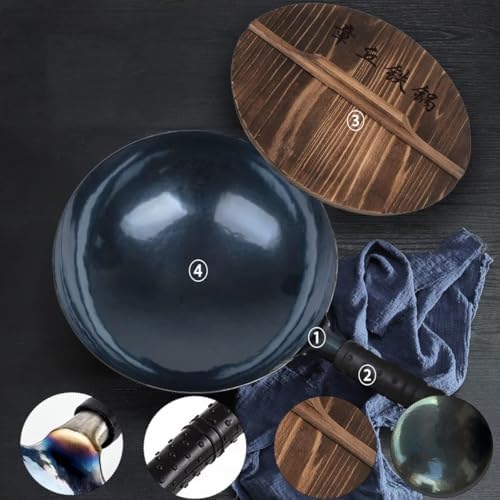 14-Inch Carbon Steel Wok, Round Bottom Traditional Chinese Wok with Rubber Handle and Wooden Lid, Uncoated Non-Stick Wok for Gas Stoves, Home Cooking, Camping, and as a Gift