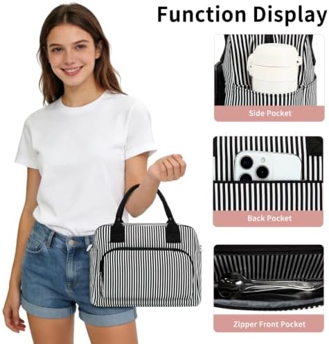 GASSDA Lunch Box for Women Insulated Lunch Bag Women Adult Cute Lunch Bags Reusable Lunchbox Cooler Tote Bag for Work Picnic (Black and white stripes)