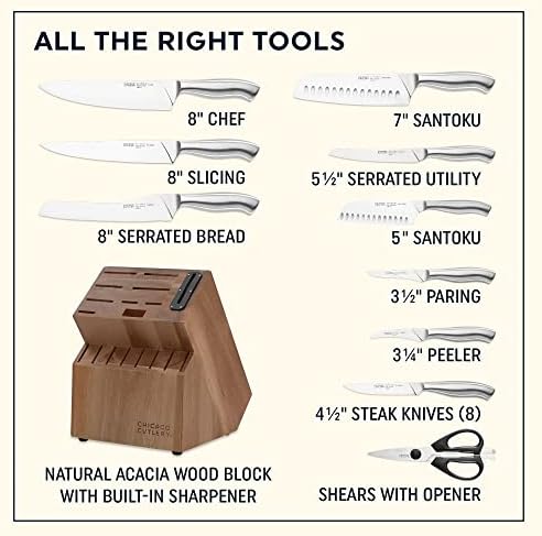 Chicago Cutlery Insignia Steel (18-PC) Kitchen Knife Block Set & Built-In Sharpener, Contoured Ergonomic Handles and Sharp Stainless Steel Professional Chef Knife Set & Scissors With Bottle Opener