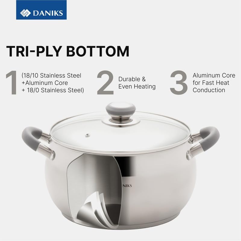 Daniks Modern 7 Quart Stainless Steel Stock Pot with Glass Lid, Tri-Ply Bottom for Even Heating, Induction Compatible, Dishwasher Safe, Heatproof Handles