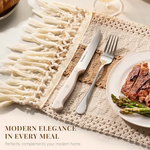 Astercook Steak Knives Set of 8, High Carbon Stainless Steel Steak Knife Set with Full Tang Handle, Dishwasher Safe Serrated Knife, Elegant Cream White