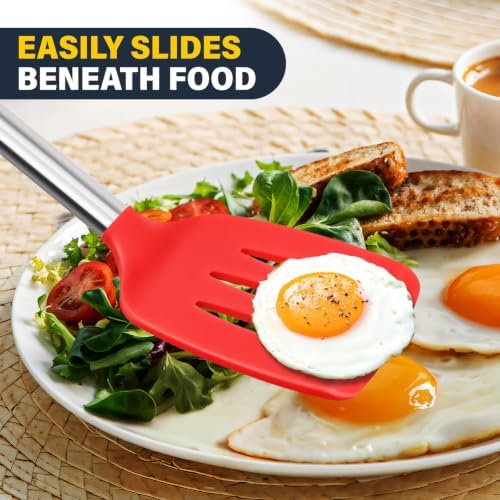 2 Pack Silicone Spatula Set, Solid & Slotted Turner for Non-Stick Pans, High Heat Resistant Silicone Spatula for Cooking, BPA-Free Stainless Steel Cooking Utensils for Fish, Eggs, Pancakes, Red